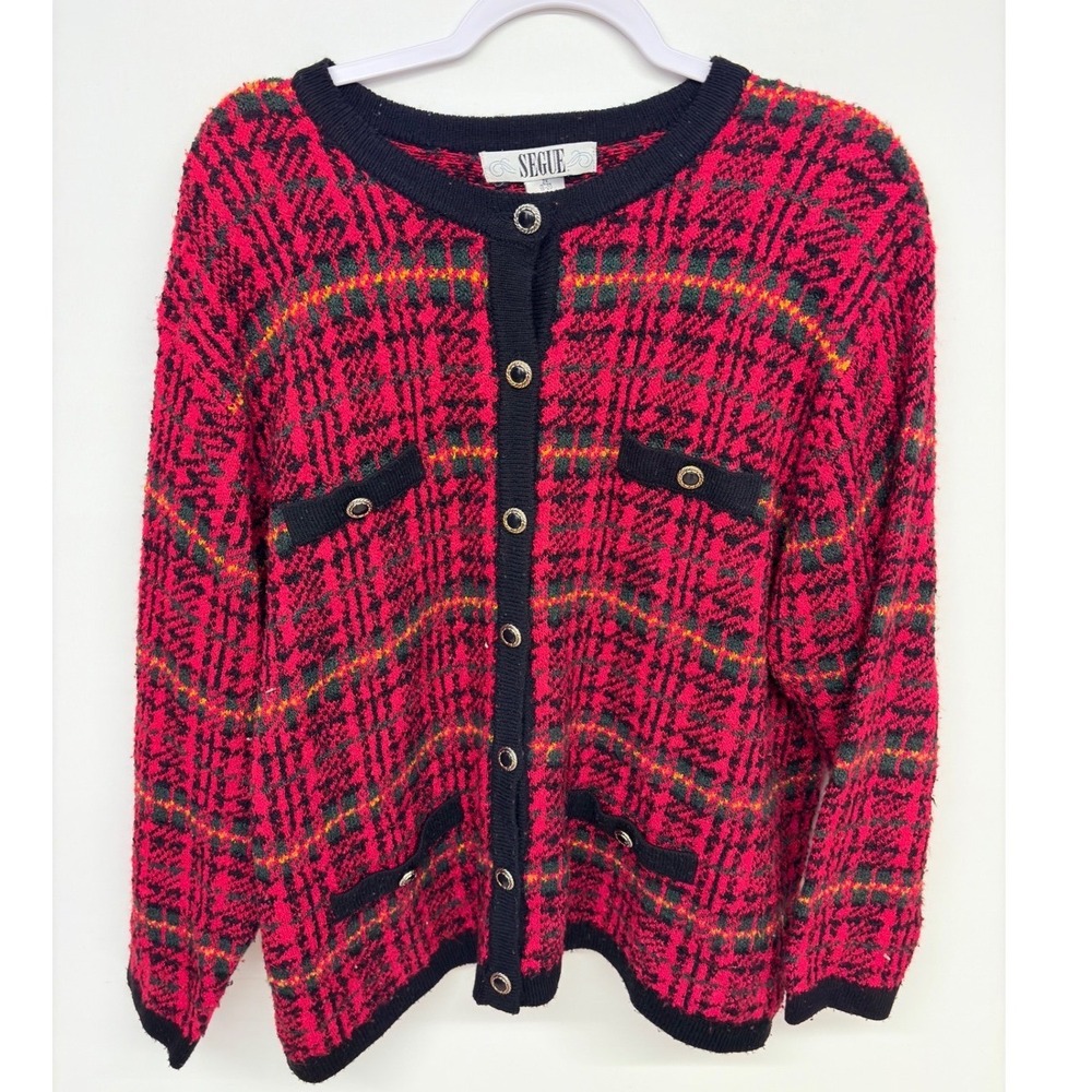 Vintage Grannycore 90s Cardigan Knit Plaid Ornate Women 2X Red Holiday Christmas